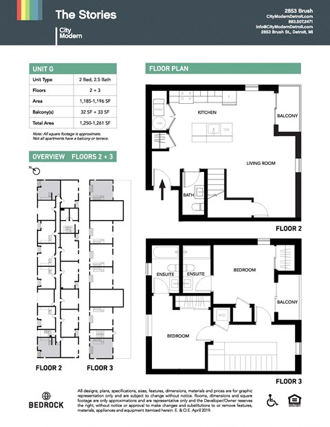 Floor plan for 2 beds, 2.5 baths, 1196 sqft
